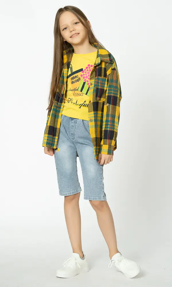  Рубашка для девочки, с длинным рукавом. Принт "Клетка" (1-9 лет)