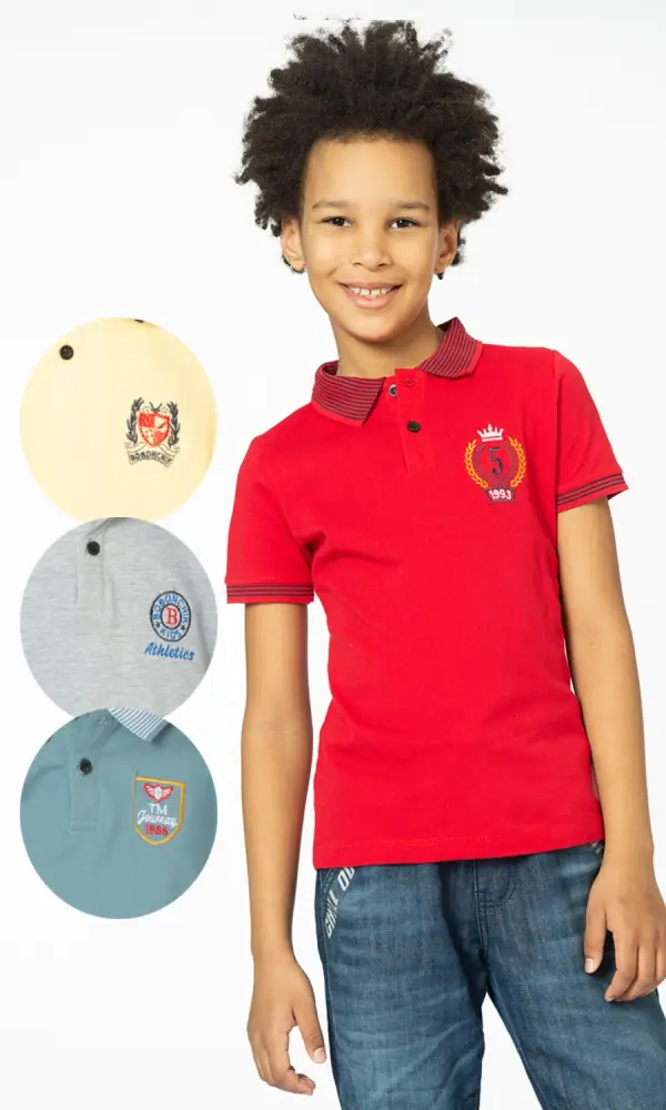Футболка "Поло" для мальчика с отложным воротником, на пуговицах. Однотонная, с воротником в полоску (5-8 лет)